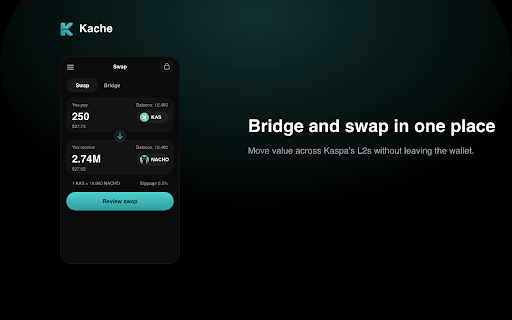Kache :: Self-custody wallet for Kaspa and its L2s (Kasplex, Igra). Hold KAS & KRC-20, bridge, swap, and use .kas names.