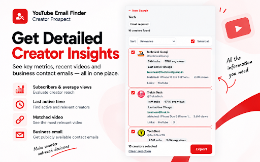 YouTube Email Finder :: YouTube Email Finder to find creators and public business emails. Search by niche, filter creators, and export to CSV.