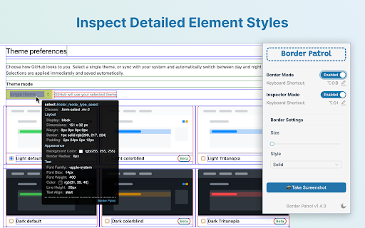 Border Patrol – CSS Debugger & Element Outliner :: CSS box model debugger & element outliner for fast UI inspection, layout visualization, and faster frontend development.