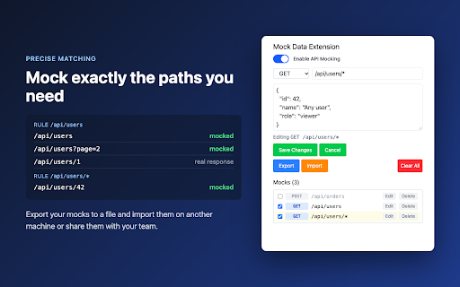 Mock Data Extension :: Return your own JSON for chosen API endpoints and HTTP methods on any website. Test frontends without changing the backend.