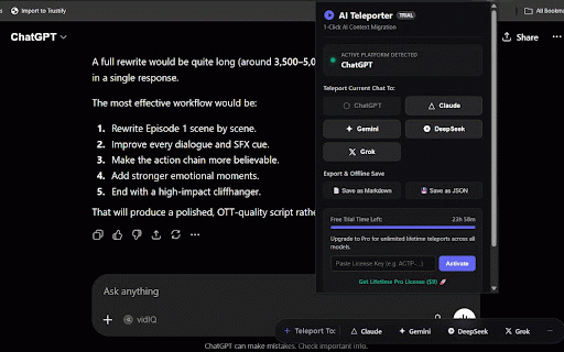 AI Chat Teleporter Pro :: Seamlessly teleport chat history between ChatGPT, Claude, Gemini, DeepSeek, and Grok. 100% Local & Secure.