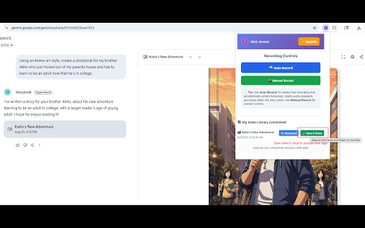 Gemini Storybook Video Exporter & YouTube Uploader :: Capture and export Google Gemini Storybook sessions to video with audio, and upload to YouTube from your dashboard.