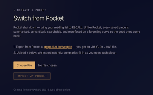 RECALL — Save & Resurface :: One-click save any page to RECALL — summarised, semantically searchable, resurfaced on a forgetting curve. Beyond bookmarks.