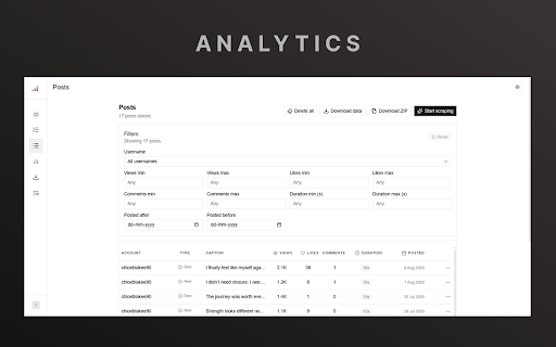 InstaFather: Instagram Tracker & Analytics + Bulk Downloader :: Download Instagram posts, reels, and videos. Analyze account posts and export post data as CSV or JSON.