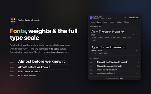 Design System Extractor :: Inspect any website and extract its design system — colors, fonts, icons, images, corner radii, shadows and gradients.