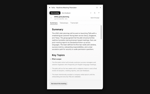 Tofia - Realtime Meeting Translator :: Realtime meeting translator for browser calls, with live transcript, context, and summaries.