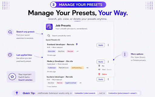 JobPresets :: Save, manage, and instantly reapply LinkedIn job search filters with customizable presets.