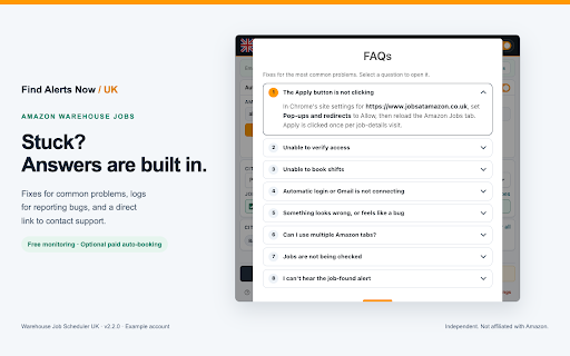 Warehouse Job Scheduler UK :: Agent friendly. Monitor Amazon UK warehouse jobs for free, get sound alerts, and optionally unlock auto-booking.