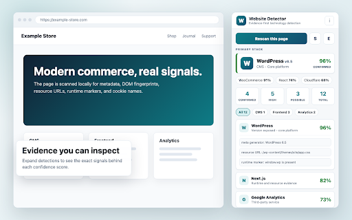 Website Detector - Evidence-first technology detection :: See what any website is built with - platform, frameworks and services - each with a confidence score and the evidence.