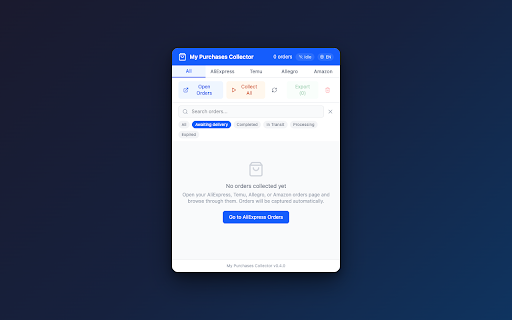 My Purchases Collector :: Automatically collect and export your AliExpress, Temu, Allegro, and Amazon orders to CSV, JSON, HTML, or clipboard.