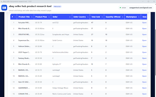 ebay seller hub product research tool :: Exports sold listing and seller data from an already-open eBay Seller Hub Product Research results page.