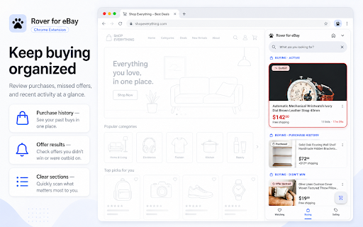 Rover — eBay Watchlist & Auction Tracker :: eBay watchlist tracker with live auction countdowns, tags, and a clean Chrome side panel. Free, no ads.