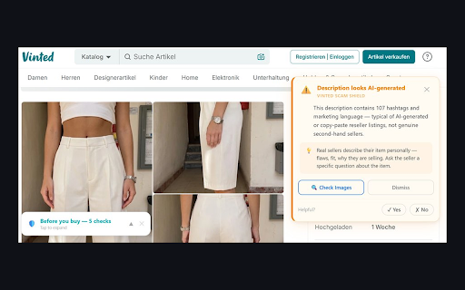 Vinted Scam Shield :: Your friendly shopping assistant — spots fake vintage, Shein resellers, and scams before you buy.