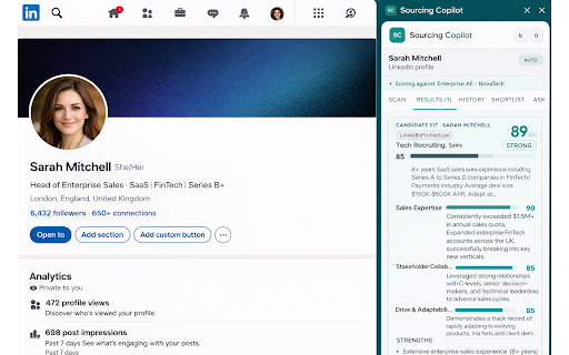 Sourcing Copilot :: Score LinkedIn & GitHub profiles against your ICP. Weighted scoring, outreach drafting & company analysis. All inside your browser.