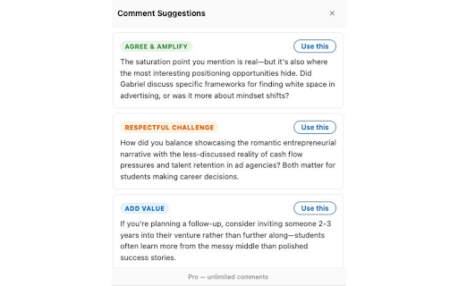 LinkedIn Comment Assistant :: Generate thoughtful, authentic LinkedIn comments with AI. 3 comment angles per post — agree, challenge, or add value.