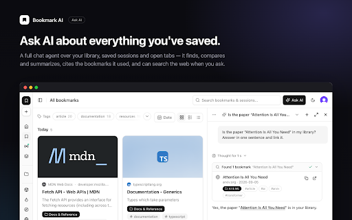 Bookmark AI :: Save the current tab to Bookmark AI for automatic categorization and tagging.