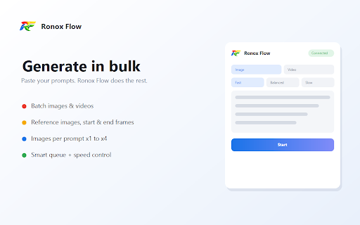 Ronox Flow — Batch Image & Video for Google Flow :: Batch image & video generation on Google Flow (Veo 3.1 & Nano Banana) with auto 2K/4K upscale and one-click bulk download.