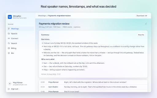 Whispifys — AI transcripts for Microsoft Teams :: Turns Microsoft Teams calls into searchable transcripts by reading the call's own live captions. No bot joins your meeting.