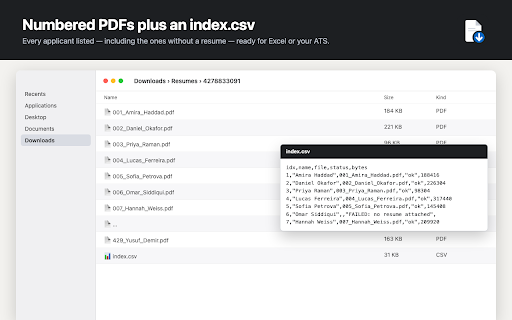 Resume Downloader for LinkedIn Hiring :: Download all applicant resumes from a LinkedIn job post in one click — as PDFs or a ZIP with a CSV index. Bulk resume export.