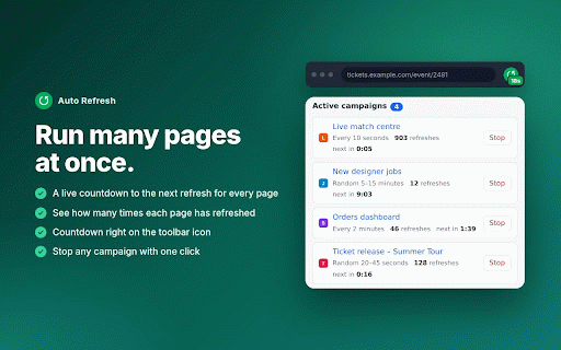 Auto Refresh :: Auto refresh any tab on a fixed or random timer. Live countdowns, many pages at once, synced to your Google account. 20 free.