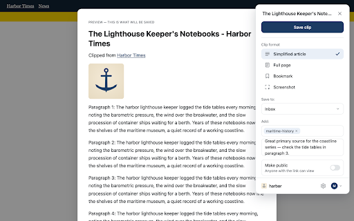 Harbor Web Clipper :: Save articles, full pages, bookmarks, and screenshots from any website straight into Harbor.