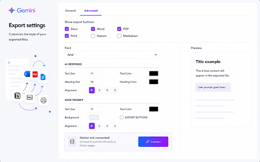 Chat Exporter for Gemini — Word, PDF, Google Docs, Notion, Markdown & Print :: Save Gemini chats as Word, PDF, Google Docs, Notion, Markdown or Print in one click. Export full conversations or selected messages.