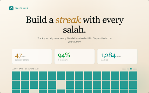 FivePrayer - Prayer Times & Web Blocker :: Never miss a prayer. Accurate prayer times, block distracting websites during salah, and build streaks.
