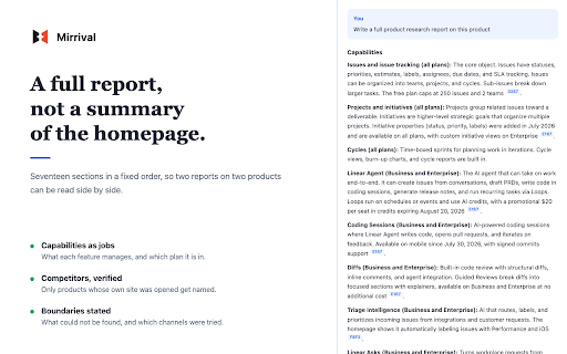 Mirrival :: Research any product from its own website: pricing, competitors, customer complaints — cited, in a report you can act on.