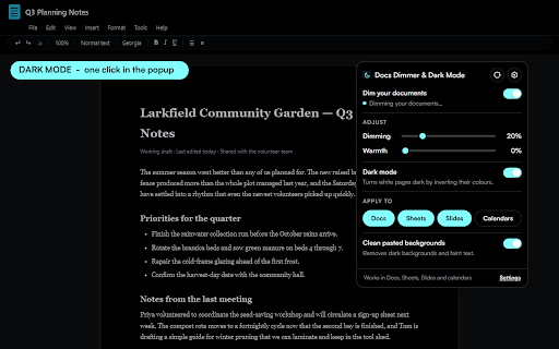 Docs Dimmer by URLflows :: Dark mode for Google Docs, Sheets & Slides. Dim the bright page to ease eye strain and strip dark backgrounds from AI pastes.