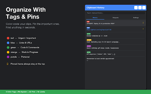 Clipboard History - Free Manager :: Free clipboard manager. Unlimited history, search, pin, tags, text snippets, side panel, PIN lock, export/import. No subscription.