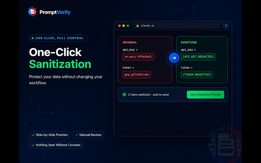 PromptVerify – Verify Sensitive Data Before You Send :: Automatically verify prompts and files for API keys, passwords, tokens, and other sensitive data before they reach AI. 100% local.