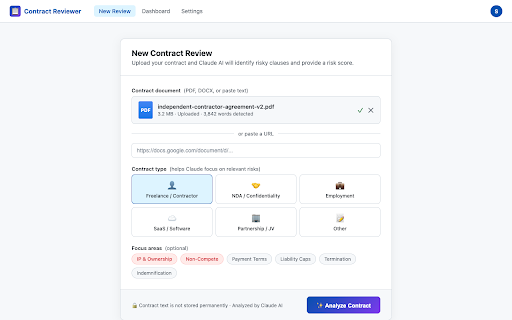 Contract Reviewer for Freelancers :: AI-powered contract analysis — paste any freelance contract and get plain-English red flags in 30 seconds.