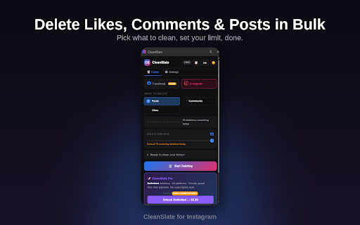 CleanSlate for Instagram :: Bulk delete your Instagram likes, comments and posts in minutes. Free plan included. One-time Pro upgrade.