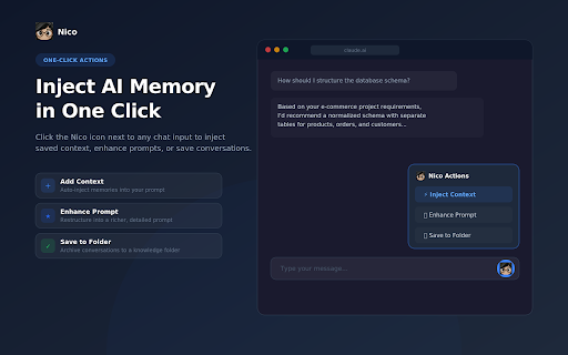 Nico — AI Memory & Prompt Enhancement :: Chat folders and context across major AI platforms (ChatGPT, Claude, Gemini, DeepSeek, Perplexity) and one-click prompt enhancement.