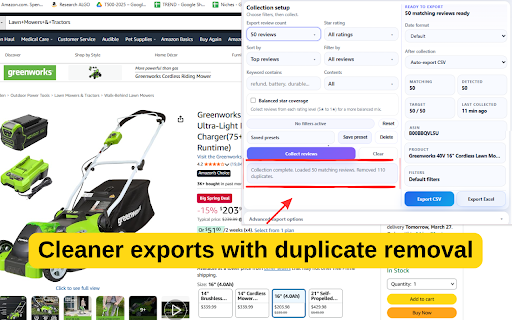 Amazon Reviews Extractor & CSV Exporter :: Amazon reviews extractor for CSV export. Collect, filter, deduplicate, and export reviews from Amazon product pages.