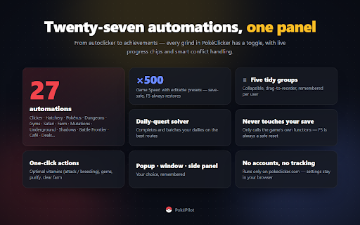 PokeClicker Co-Pilot :: Automate PokéClicker: autoclicker, game speed, quest solver, hatchery, dungeons, farm, safari, achievements & more.