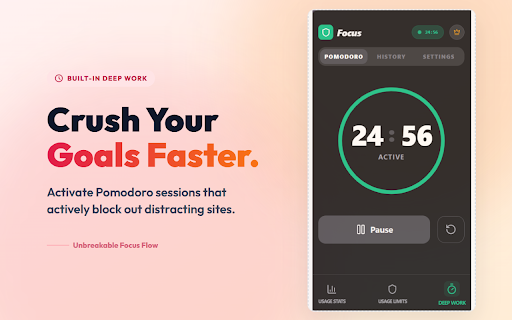 Focus: Usage stats, usage limits, study timer :: A Chrome sidepanel extension for browser focus and productivity. Track site usage, set daily limits, and enter deep work sessions.