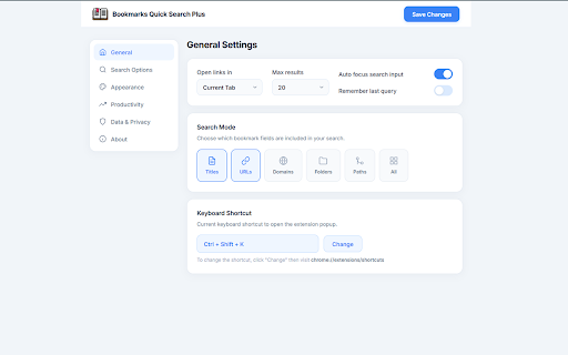 Bookmarks Quick Search Plus :: Instantly search, navigate, and open your bookmarks with a sleek, fast interface.