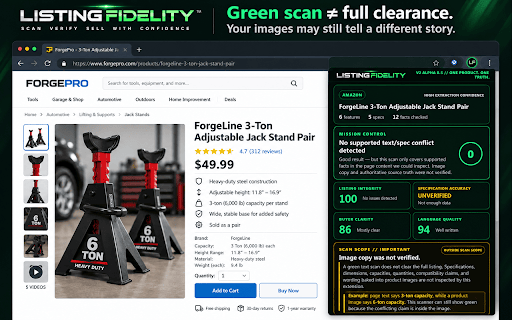 Listing Fidelity Scanner :: Checks product listings for factual conflicts and flags image copy and source-truth verification as unverified.
