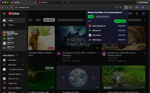 Return YouTube Live Subscriptions :: See which YouTube channels you subscribe to are live right now.
