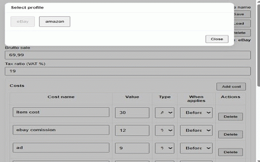 Profit Calculator PRO :: Calculate net profit, margin, and detailed cost breakdowns from brutto sales with saved profiles.