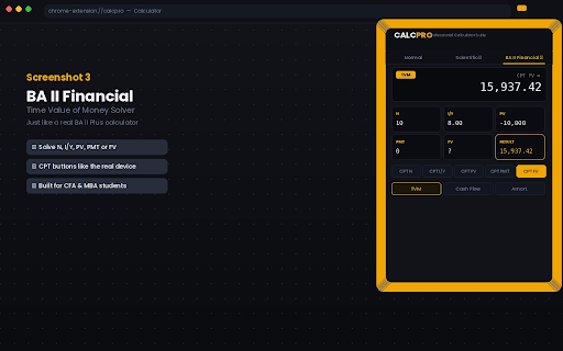 CalcPro — Smart Calculator Suite :: Normal, Scientific & BA II Financial Calculator in one sleek extension.