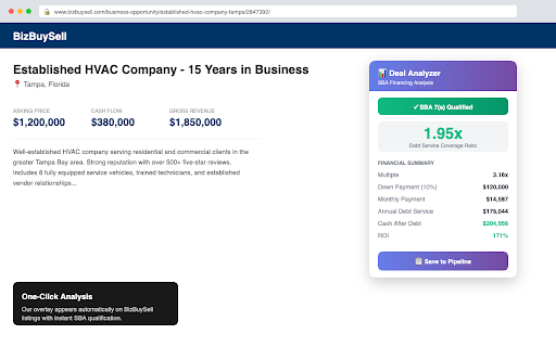 Deal Analyzer - M&A Intelligence :: Instantly analyze business deals, calculate SBA financing, and save opportunities to your pipeline