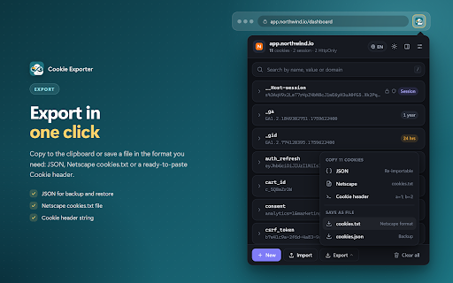 Cookie Exporter :: View, edit, import and export cookies for the current site. Supports JSON, Netscape (cookies.txt) and Cookie header formats.