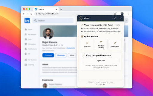 Virre AI :: Virre AI sidebar for LinkedIn — sign in, see if a profile is already a connection, and act on it.