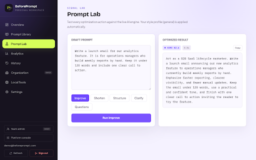 BeforePrompt :: Perfect your prompt before you hit send — BeforePrompt analyses it locally, flags weaknesses, and rewrites it stronger.