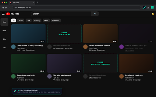 AI Slop Blocker - Hide YouTube AI Videos :: Hide AI YouTube videos from Home, Search, and Related using YouTube's own Made with AI disclosure. Free. No tracking.