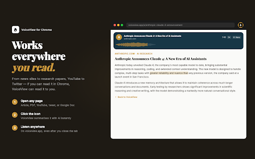 VoiceView :: Private, on-device summaries and audio briefings for any web page