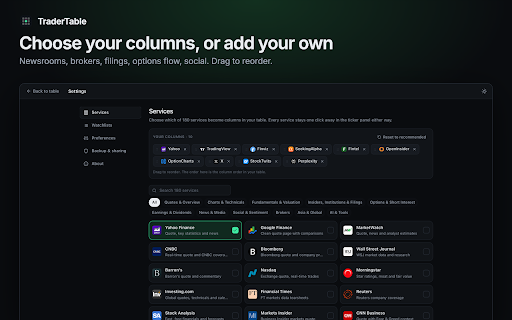 TraderTable — Stock Research Launchpad :: Your tickers × 180 research sites in one table. One click to charts, filings, insiders, options flow, news and social for any stock.