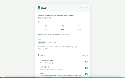 Louver — Privacy Blur for WhatsApp Web | Minimal Permissions | :: Hides your chat list and media on web messaging so a passing glance reveals nothing.